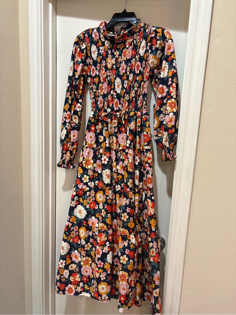Karlie Black Floral Smocked Maxi Dress with Pink, Red & Yellow Flowers